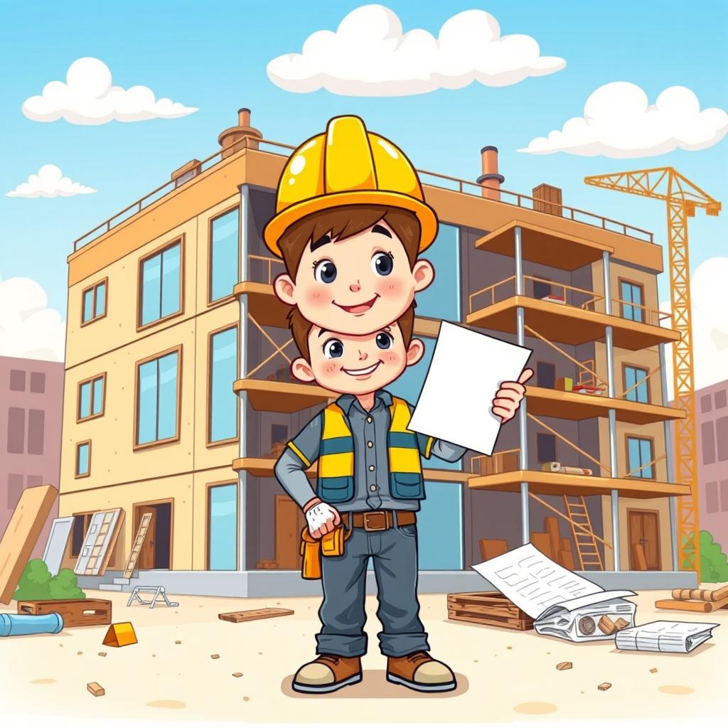 A charming cartoon-style illustration depicting a building under construction, complete with scaffolding and construction materials scattered around