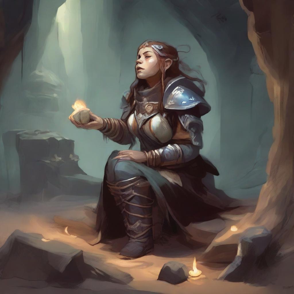 Immersed in meditation within a cavern, a female dwarf kineticist in heavy armor, wood splinters and loose rocks swirled around her, connects her will to the wood and earth planes, forming a harmonious link.