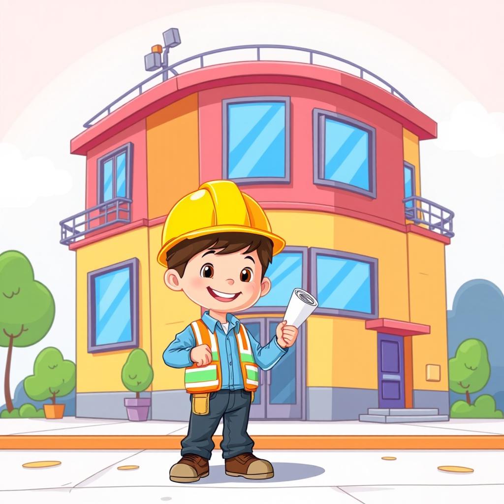 A whimsical cartoon-style illustration of a colorful building with a friendly design, featuring a 5-year-old boy as a miniature construction engineer
