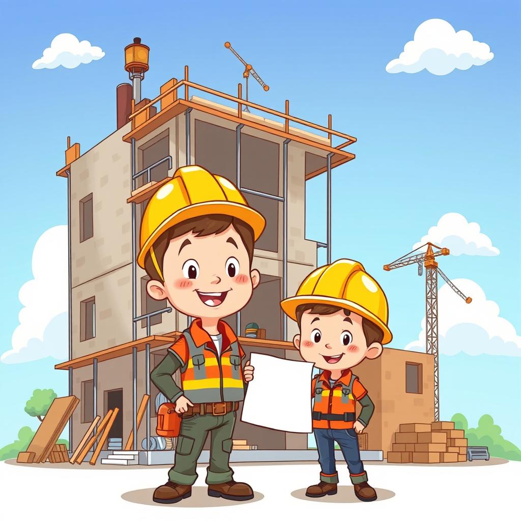 A whimsical cartoon-style illustration depicting a partially constructed building with scaffolding and materials around it
