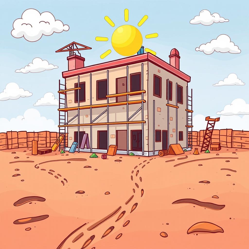A whimsical cartoon-style illustration of a building under construction, featuring an incomplete structure with scaffolding and construction materials around it