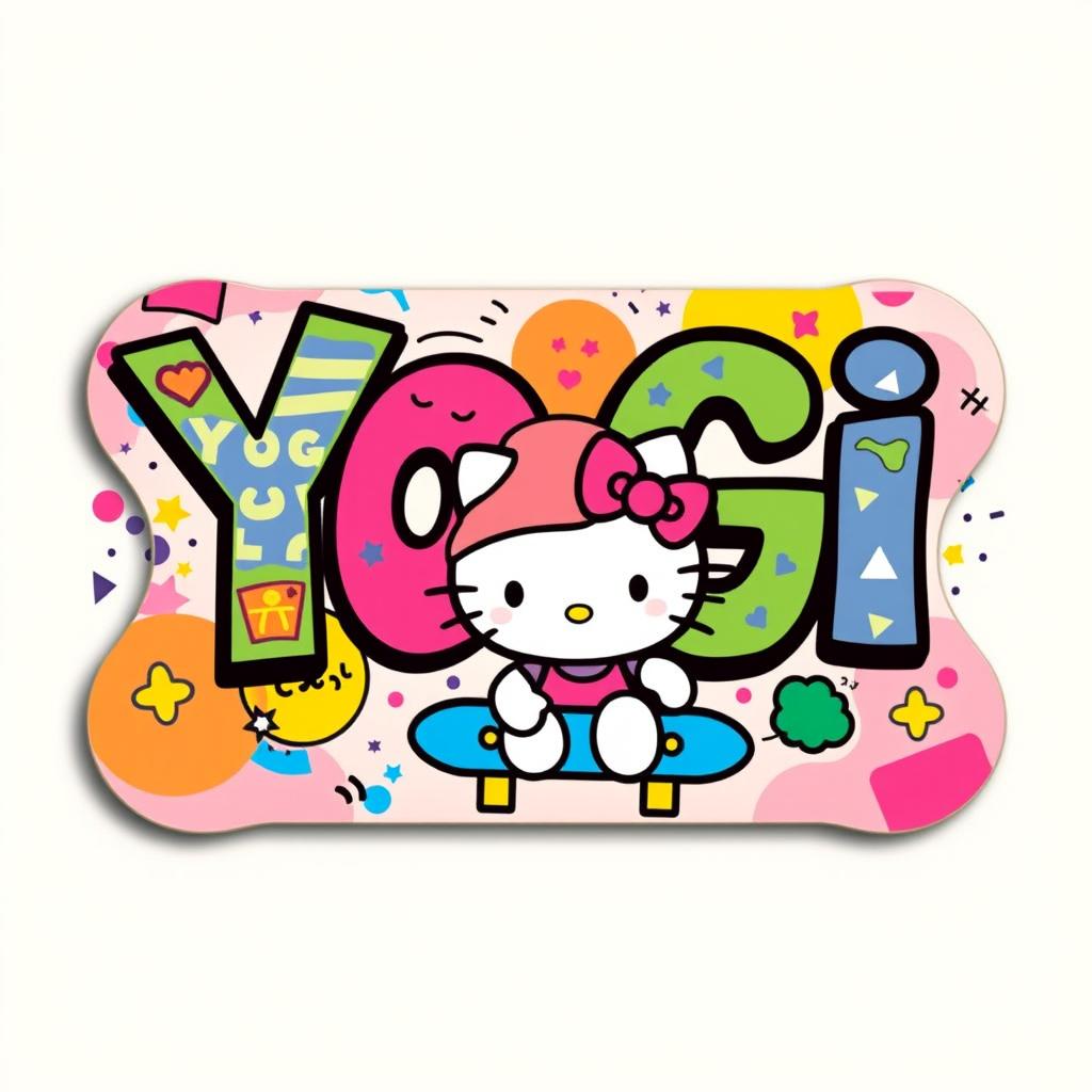 A colorful and vibrant skateboard design featuring the word "YOGI" in bold, playful typography