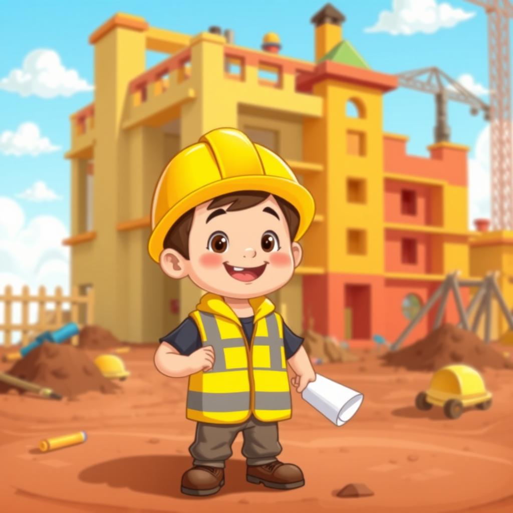 A whimsical cartoon-style illustration showcasing a colorful construction site, featuring a partially constructed building with playful architectural elements