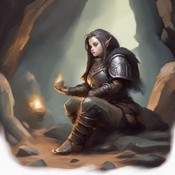 Immersed in meditation within a cavern, a female dwarf kineticist in heavy armor, wood splinters and loose rocks swirled around her, connects her will to the wood and earth planes, forming a harmonious link.