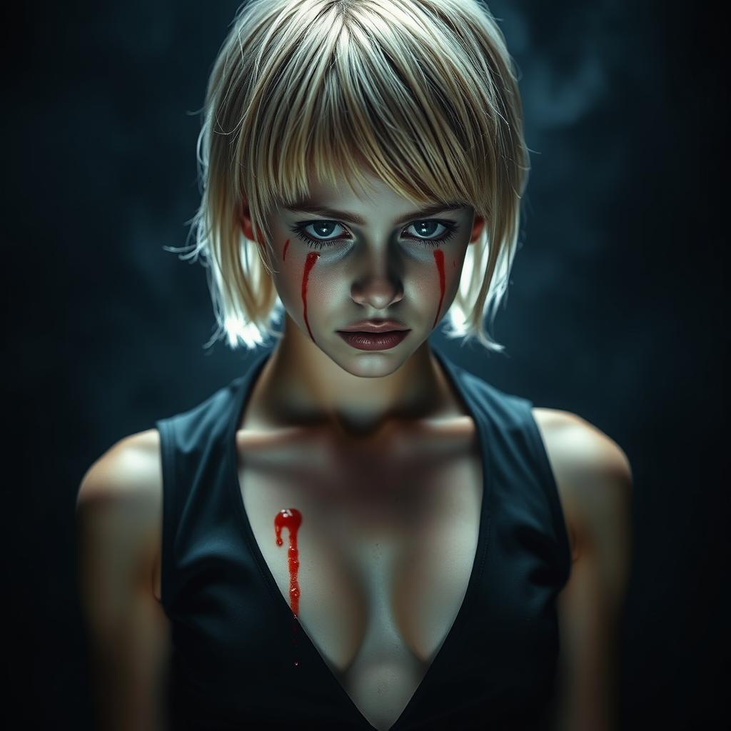 A striking portrait of a teenage girl with short blonde hair wearing a sleek black outfit that reveals her midriff