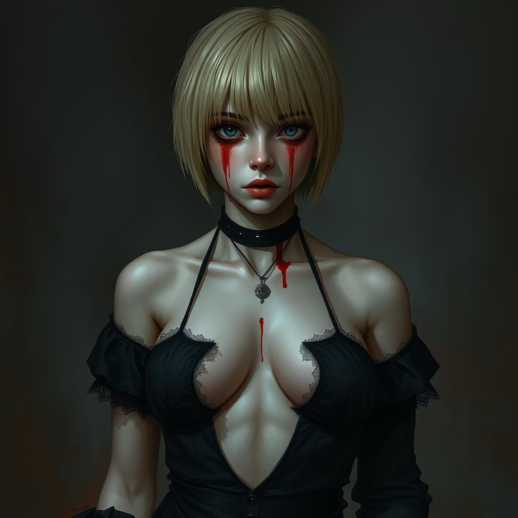 A realistic depiction of a short-haired blonde adolescent girl, dressed in black clothing with a gothic style