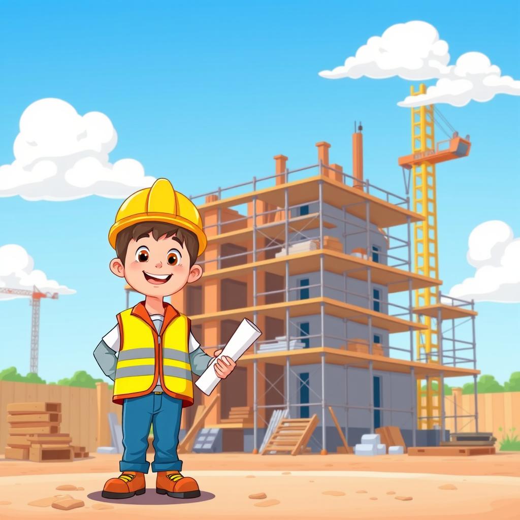 A whimsical cartoon-style illustration depicting a partially constructed building with scaffolding and materials around it, set in a vibrant construction site