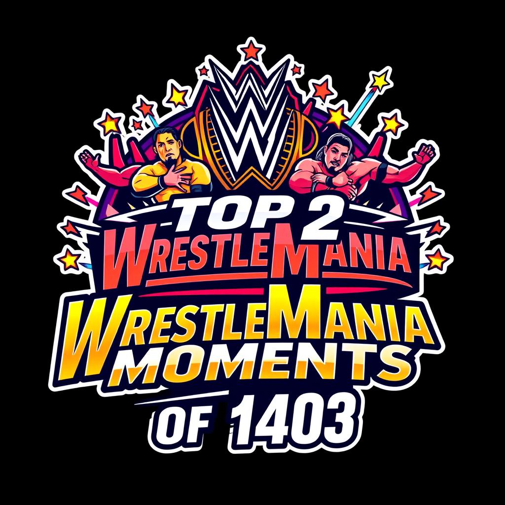 A dynamic and bold logo design for 'Top 2 WrestleMania Moments of 1403', featuring vibrant colors and strong typography