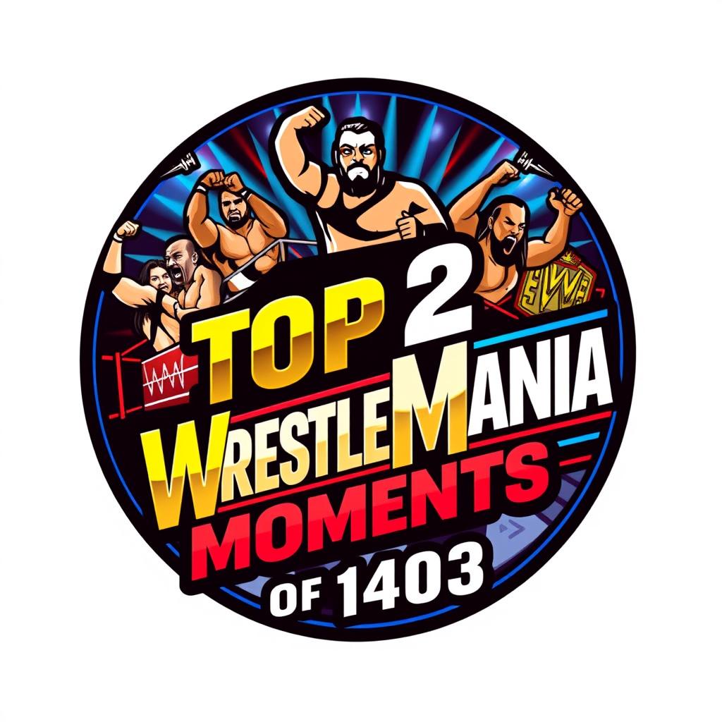 A vibrant and eye-catching logo design for 'Top 2 WrestleMania Moments of 1403', featuring powerful and energetic wrestling graphics