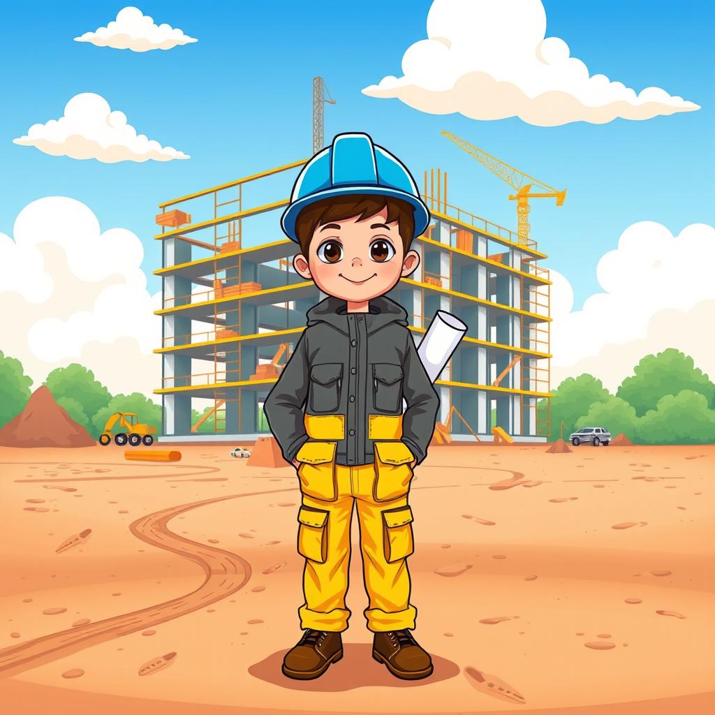 A whimsical cartoon-style illustration of a building under construction, featuring an incomplete structure with scaffolding and construction materials around it