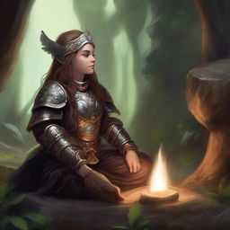 Placed within a mystical cavern, a female dwarf kineticist in heavy armor meditates, harmoniously linking her will to the wood and earth planes, exemplified by the aura of peace and power surrounding her.