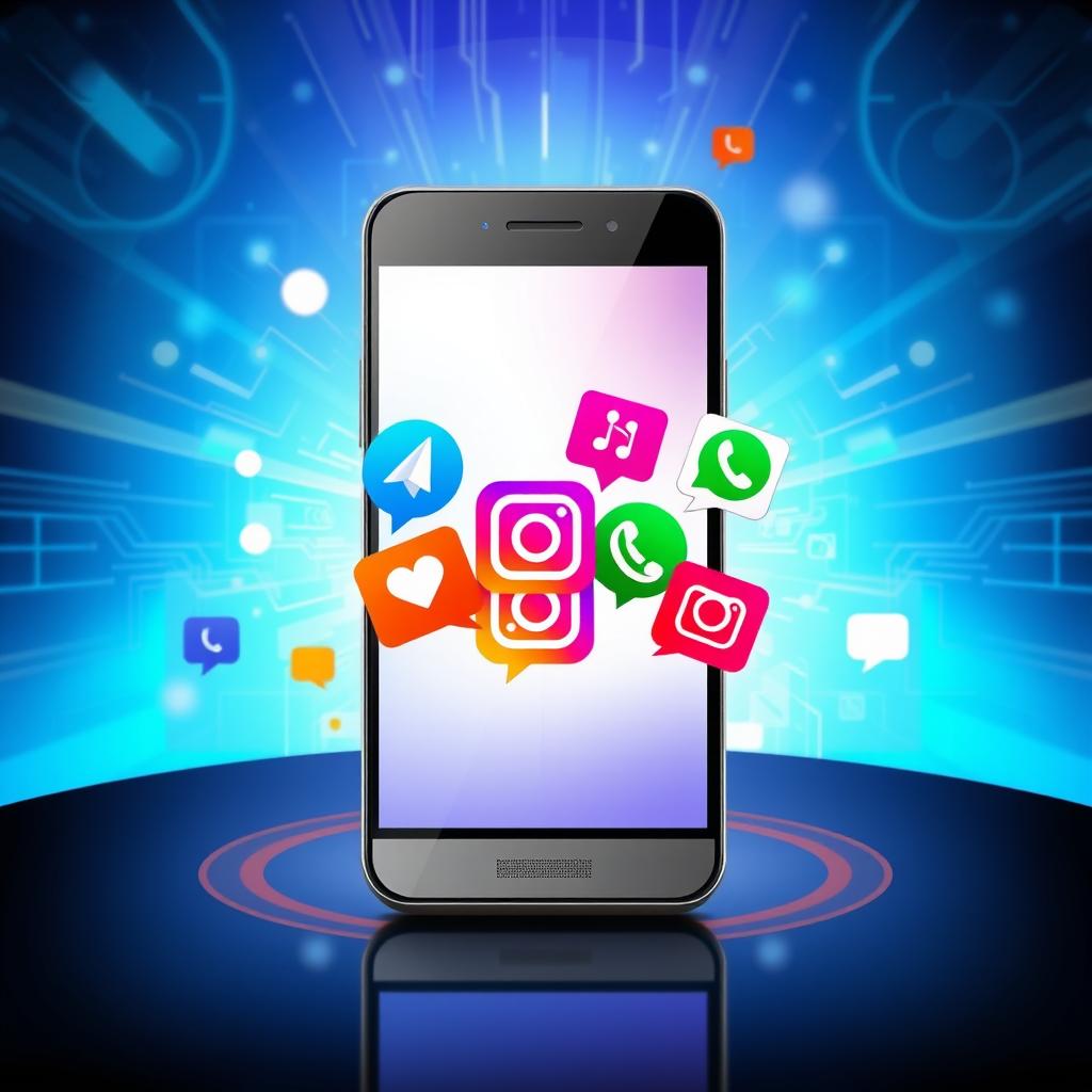 A visually engaging digital concept showcasing a smartphone displaying social media apps like Telegram, Instagram, and WhatsApp