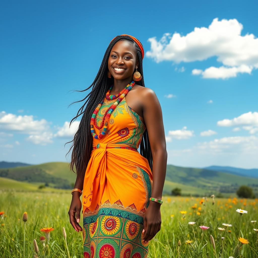 A beautiful African woman dressed in vibrant traditional attire, standing gracefully in a lush green landscape under a bright blue sky