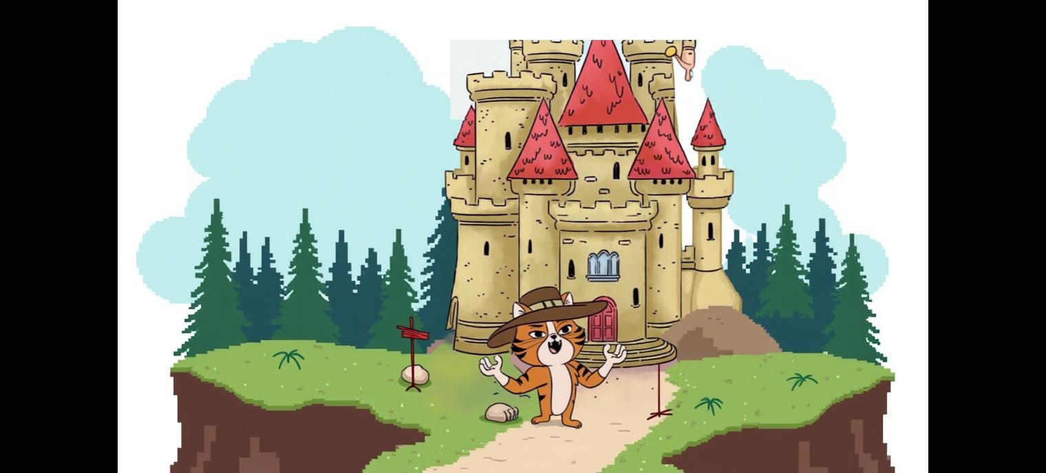 A whimsical cartoon illustration of a large, medieval castle with towering spires and red rooftops surrounded by a lush green forest