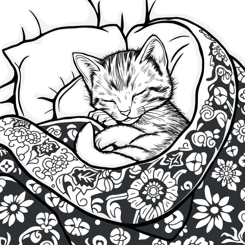 A cute kitten curled up peacefully in a cozy blanket, surrounded by soft pillows