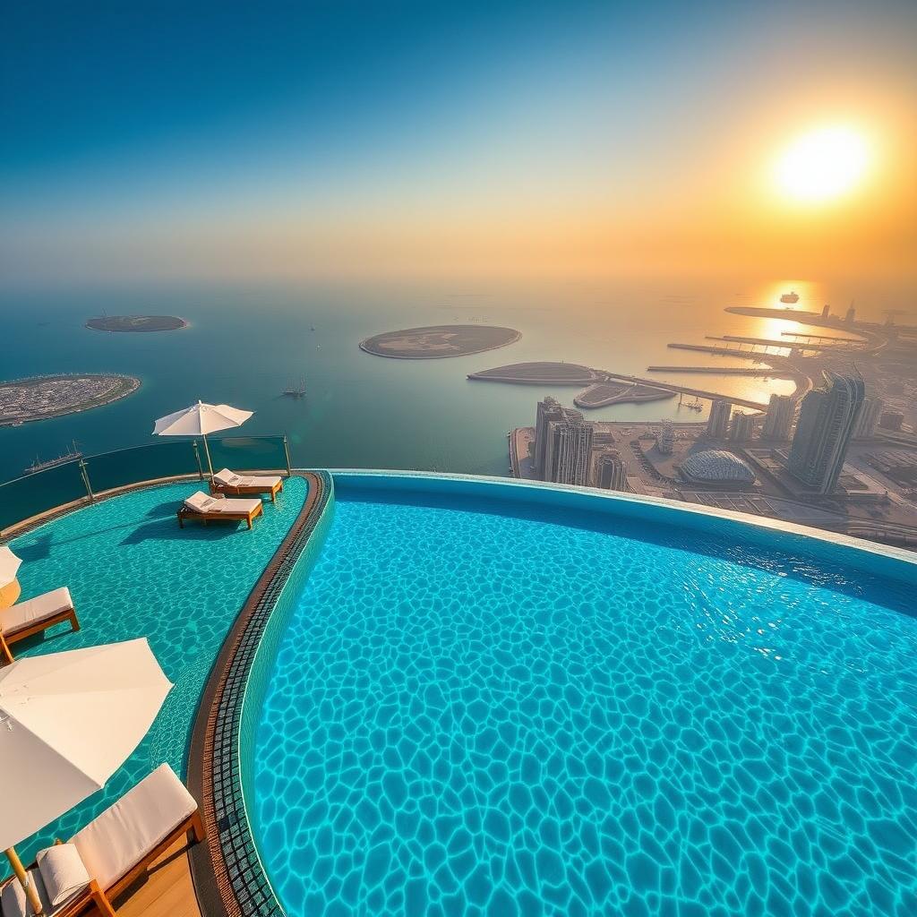 A stunning high-altitude infinity pool with a breathtaking 360-degree view of Palm Jumeirah and the Persian Gulf, situated on the 50th floor of The Palm Tower, capturing the essence of luxury and sophistication
