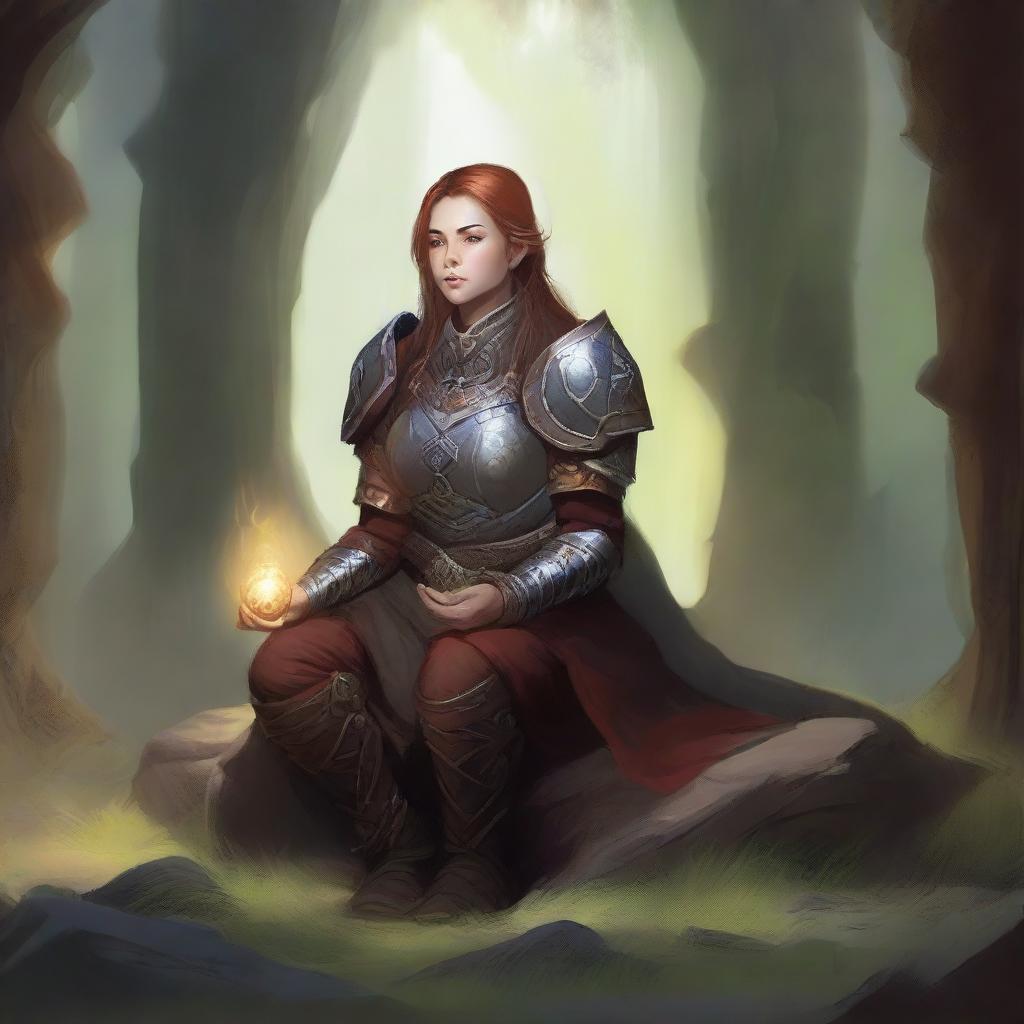 Placed within a mystical cavern, a female dwarf kineticist in heavy armor meditates, harmoniously linking her will to the wood and earth planes, exemplified by the aura of peace and power surrounding her.