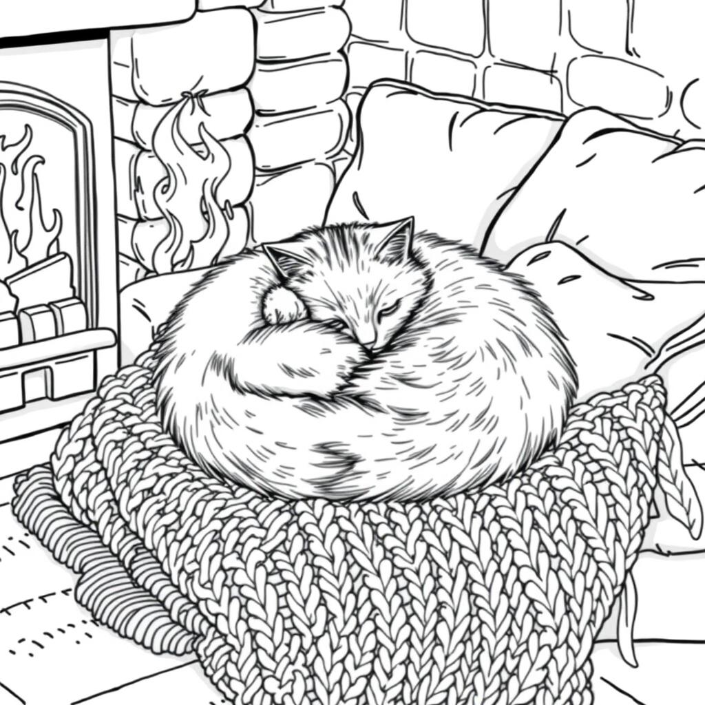 A fluffy cat curled up on a beautifully knitted blanket beside a crackling fireplace, embodying a cozy hygge style
