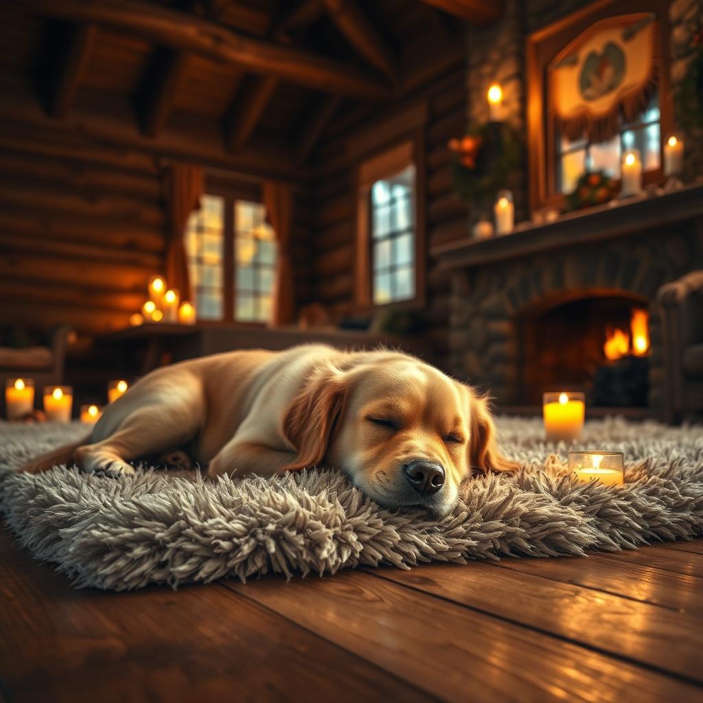 A sleepy golden retriever lying comfortably on a thick, plush rug inside a warm, inviting cabin