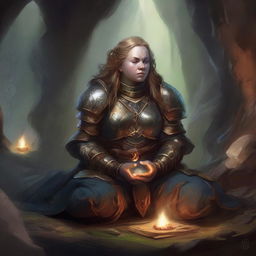 Placed within a mystical cavern, a female dwarf kineticist in heavy armor meditates, harmoniously linking her will to the wood and earth planes, exemplified by the aura of peace and power surrounding her.