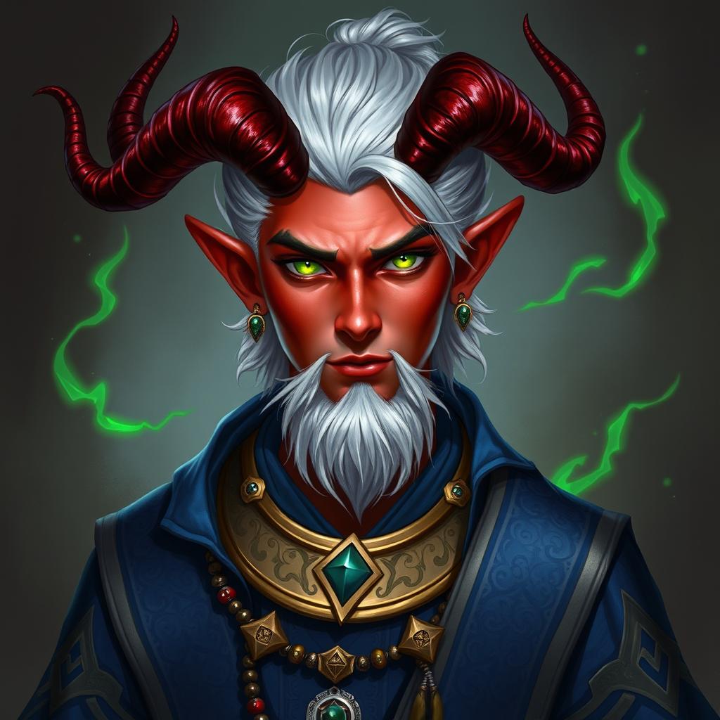 A character portrait of a young Tiefling sorcerer, exuding an air of nobility