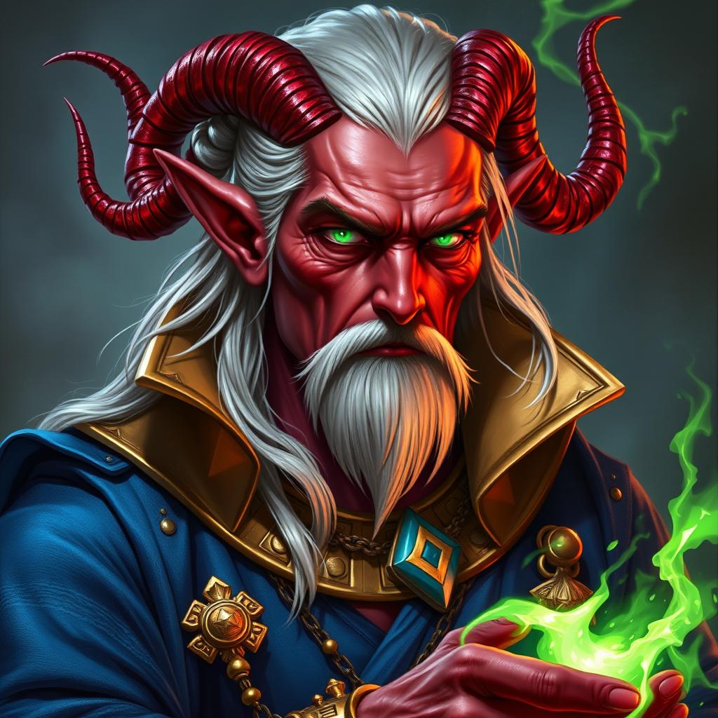 A character portrait of a Tiefling sorcerer, powerful and noble, with crimson red skin