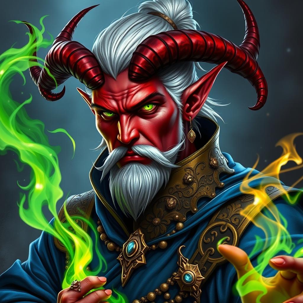 A striking character portrait of a Tiefling sorcerer, showcasing his unique features and attire