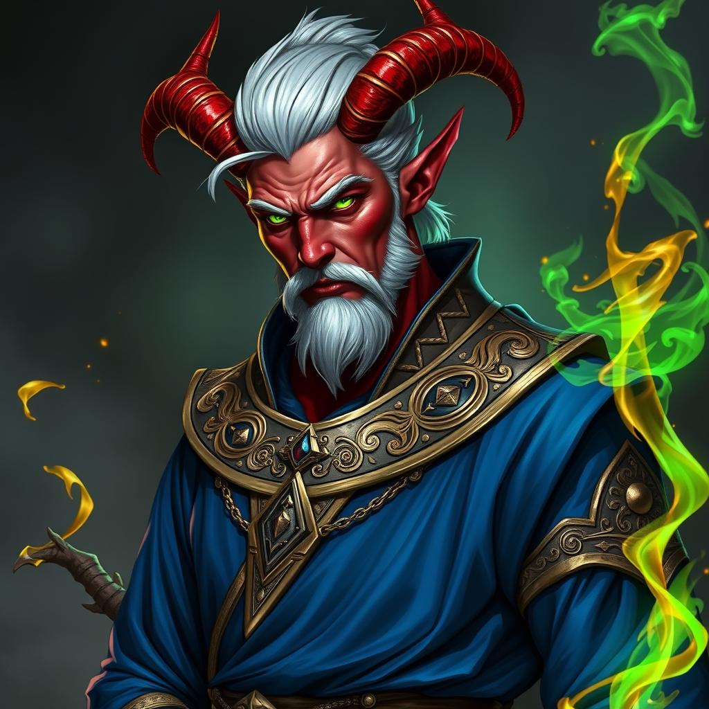 A stunning character portrait of a male Tiefling sorcerer, standing confidently in a dynamic pose