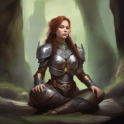 Placed within a mystical cavern, a female dwarf kineticist in heavy armor meditates, harmoniously linking her will to the wood and earth planes, exemplified by the aura of peace and power surrounding her.