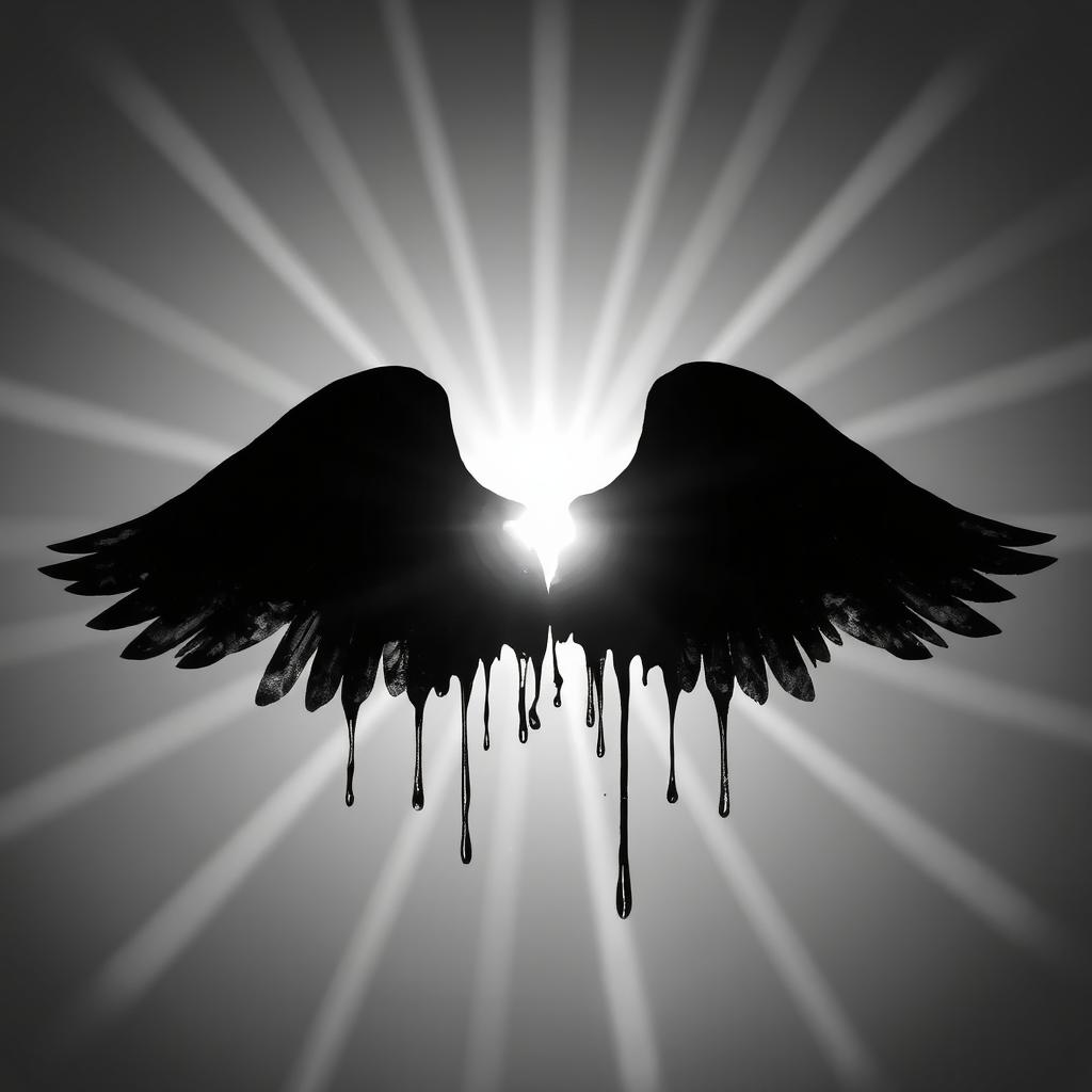 A striking black and white silhouette of melting wax wings against the backdrop of a radiant sun