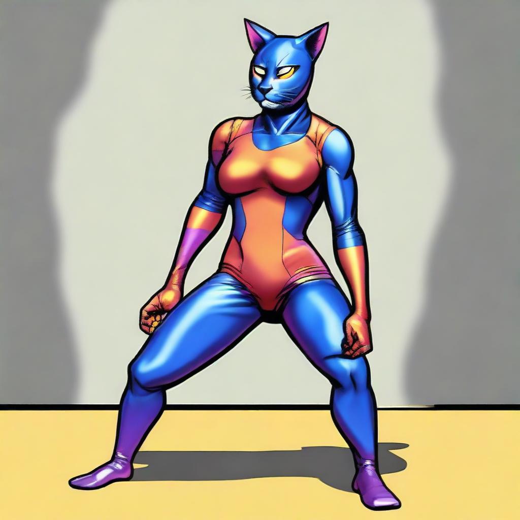 A determined female catfolk, dressed in vibrant, form-fitting wrestling spandex, poises herself robustly, mentally preparing for her imminent wrestling match.