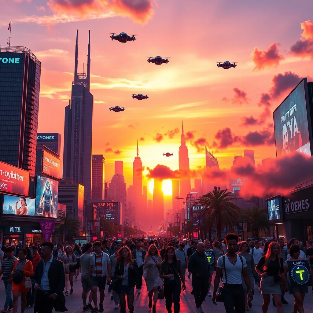 A stunning futuristic cityscape at sunset, featuring soaring skyscrapers with glowing neon lights, flying cars zipping through the air, and vibrant holographic advertisements