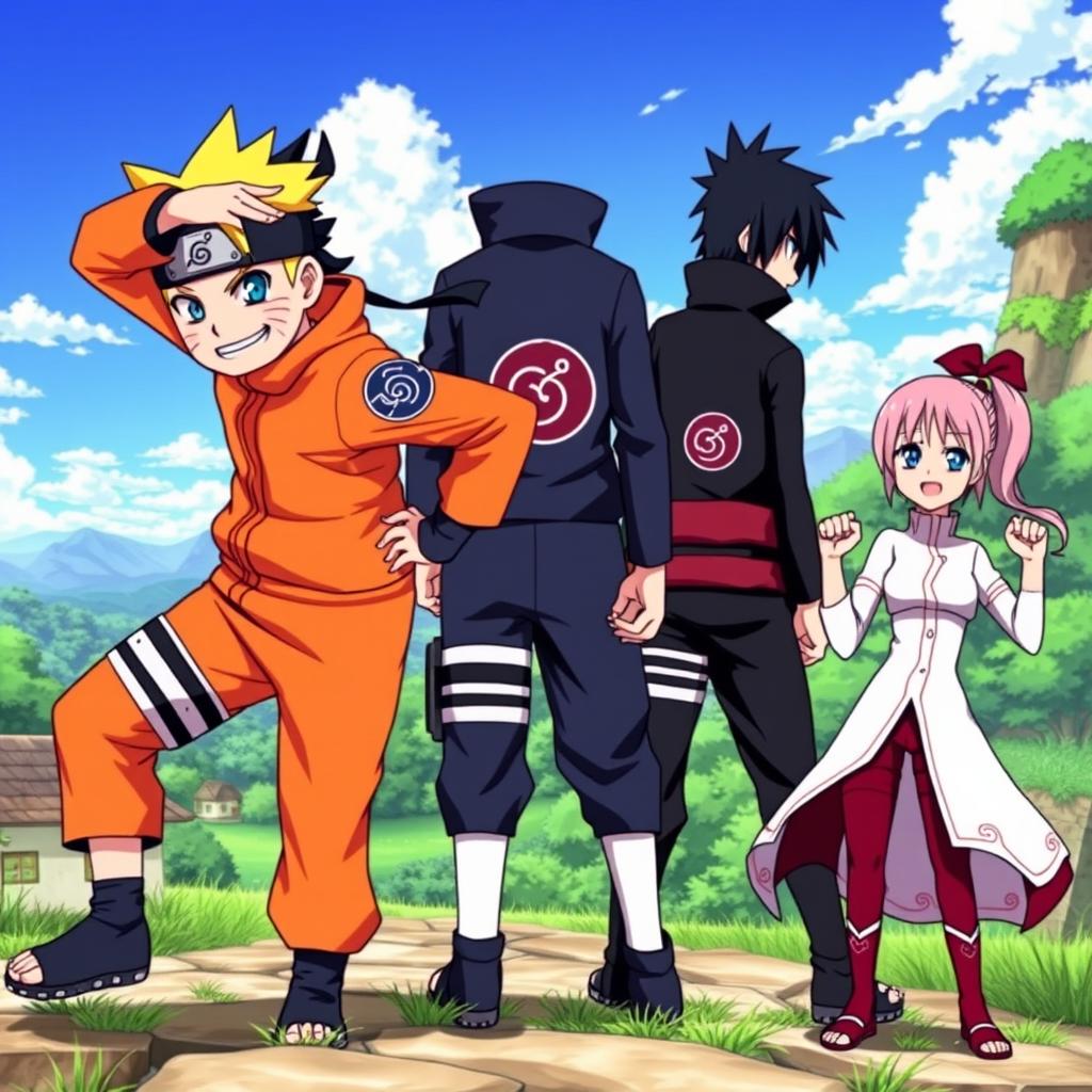 A dynamic scene featuring Naruto Uzumaki, Sasuke Uchiha, and Sakura Haruno from Team 7