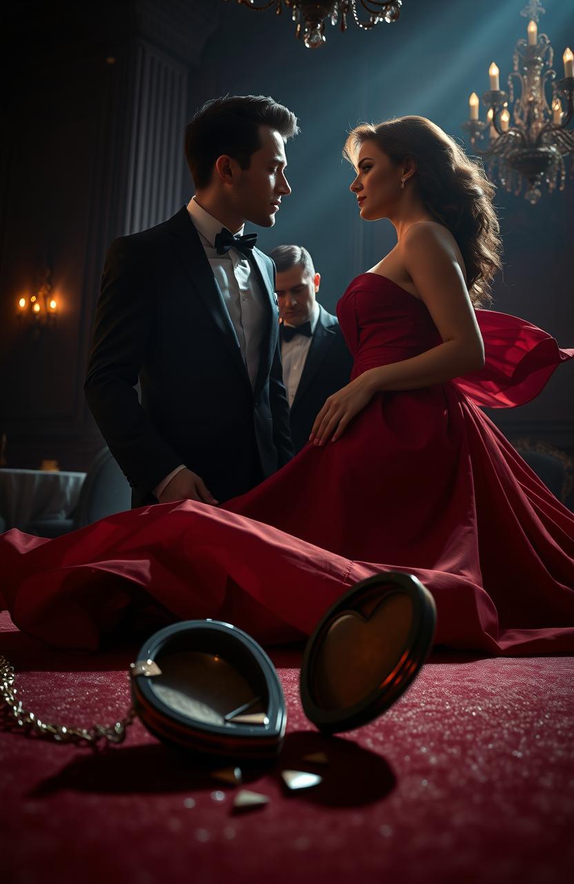 A dramatic scene depicting the theme of love and betrayal, featuring a romantic couple caught in a tense moment
