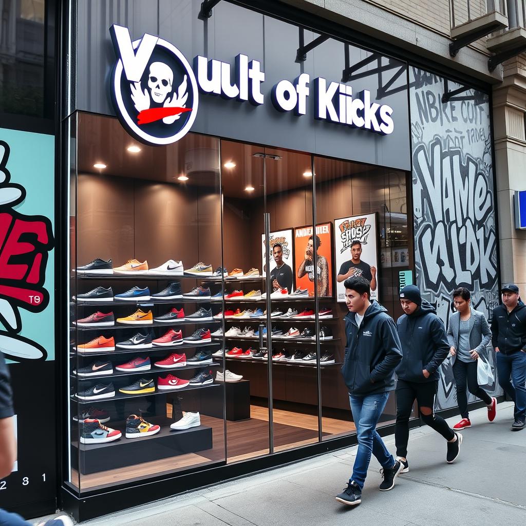A stylish and modern storefront for a sneaker business named 'Vault of Kicks'