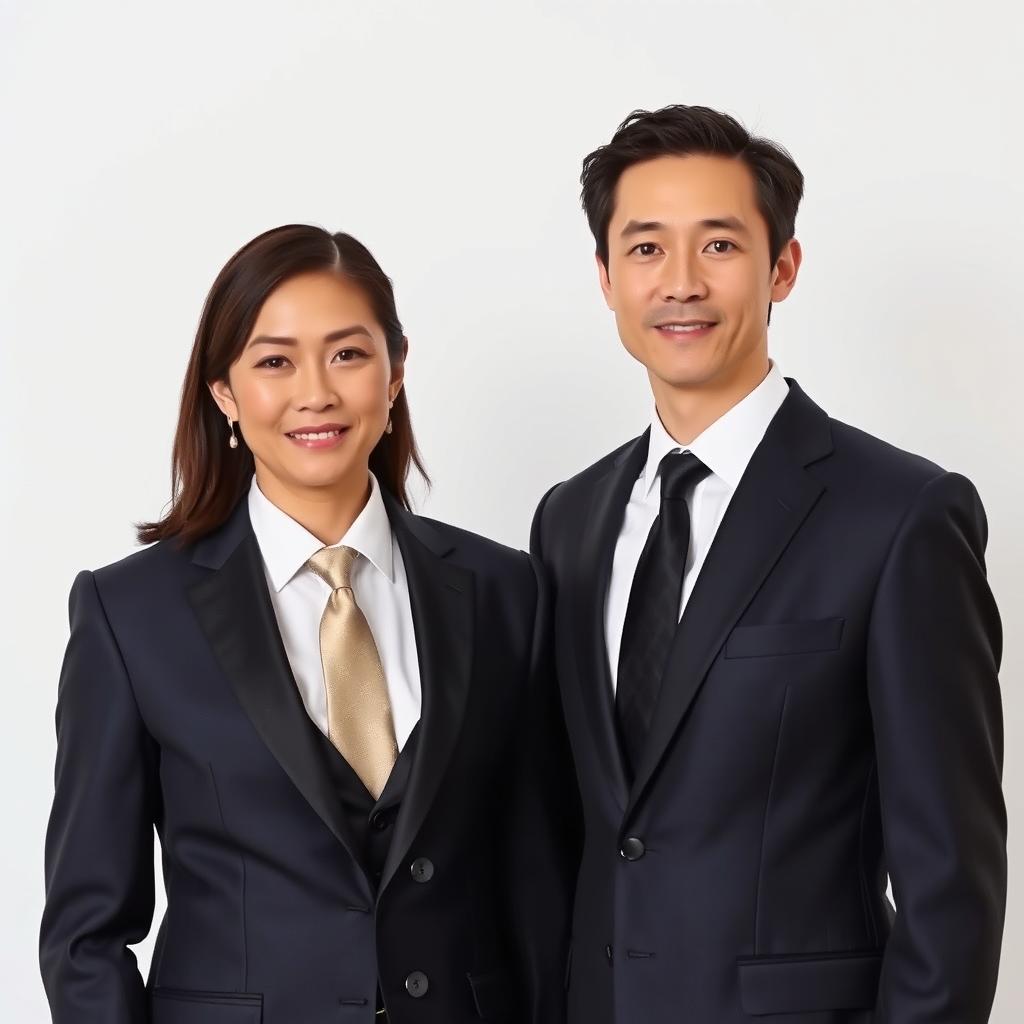 A formal portrait of two people, elegantly dressed in formal attire