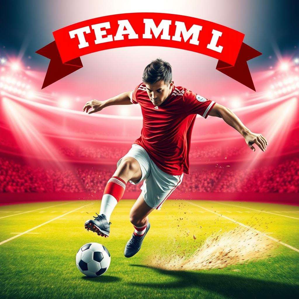 A vibrant and dynamic football poster featuring an intense action shot of a football player in mid-kick during a match
