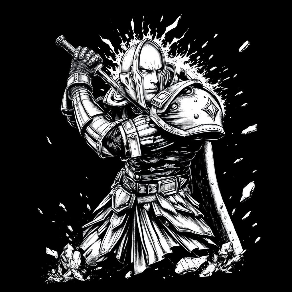 A highly detailed, black-and-white ink drawing of Guts from Berserk wearing the full Berserker Armor