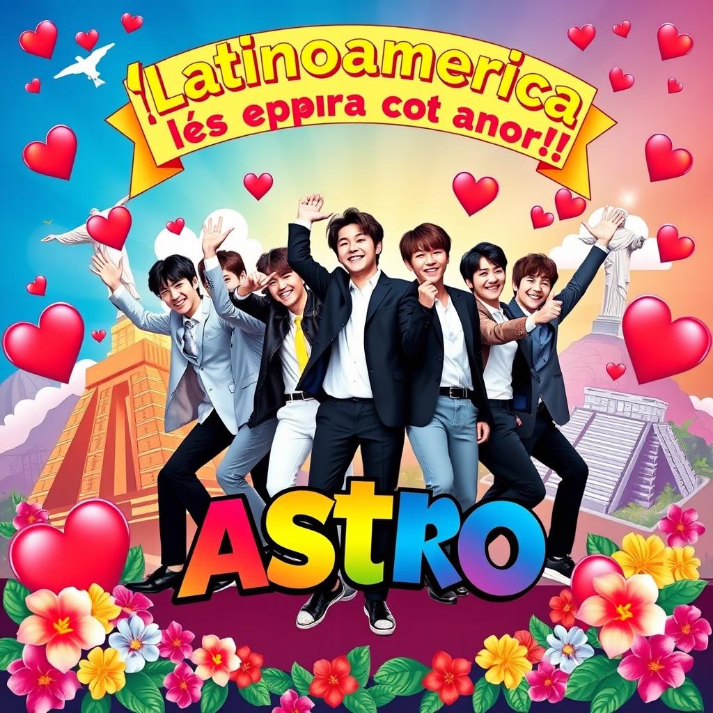 A vibrant poster featuring the K-Pop group ASTRO, with each member portrayed in a dynamic pose, radiating energy and joy