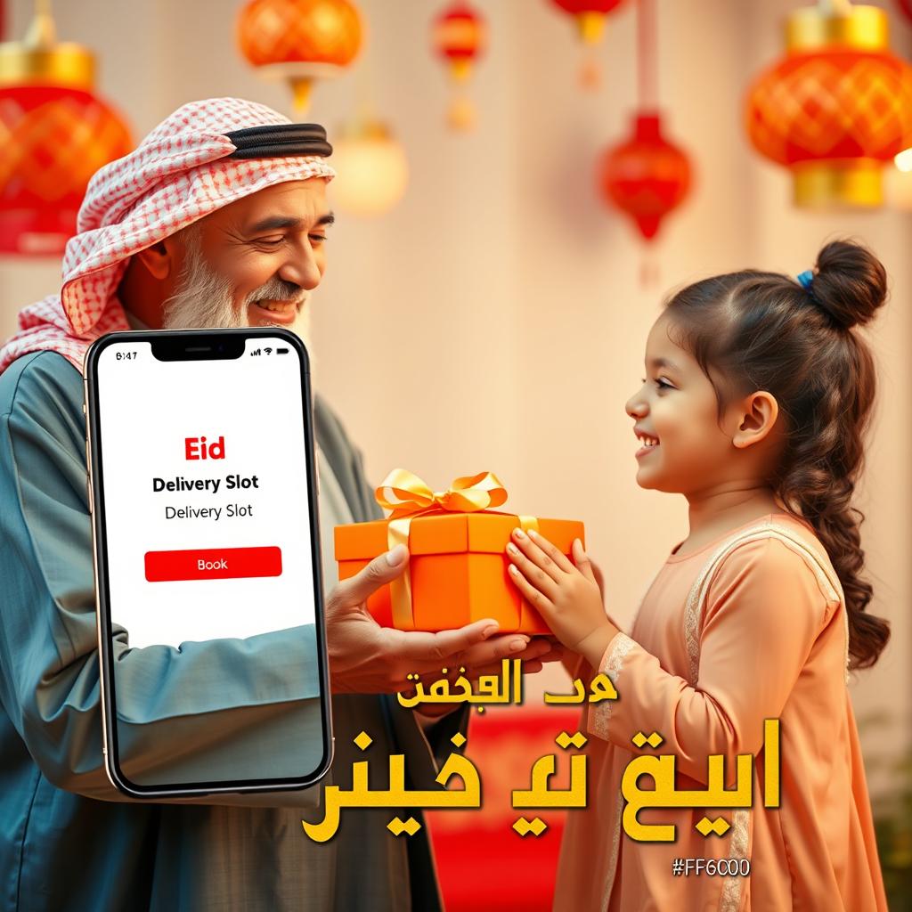 A photorealistic image of an Arab grandfather in traditional clothing, joyfully handing a Noon gift box to his granddaughter