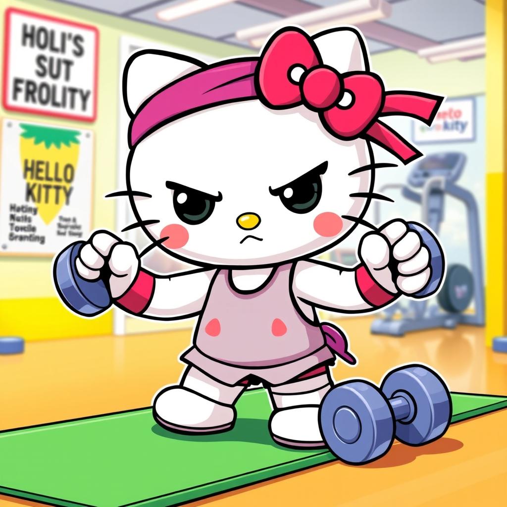 A cute and stylized depiction of Hello Kitty, striking a powerful pose while working out, showcasing determination and a slightly angry expression