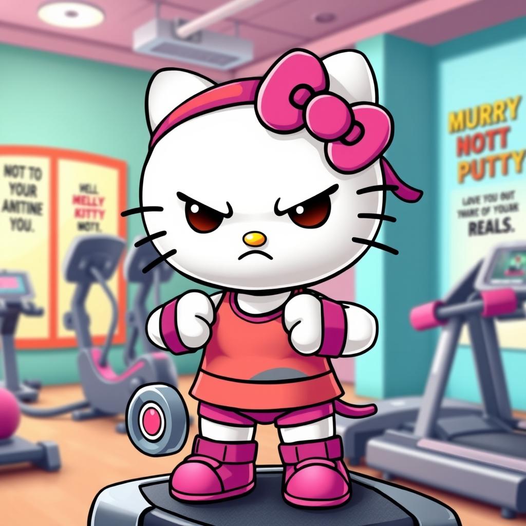 A cute and stylized depiction of Hello Kitty, showing her working out with a strong and angry expression