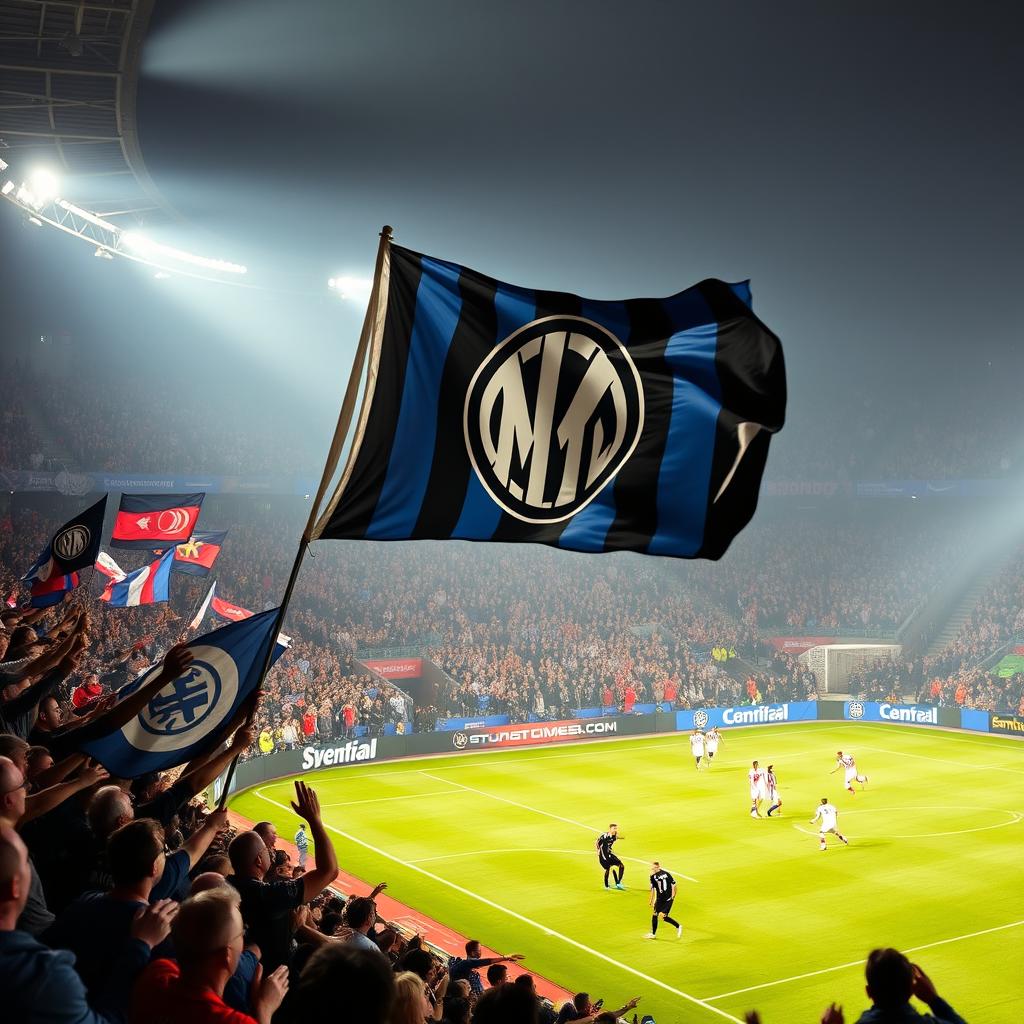 A dramatic sports scene featuring a passionate crowd in a stadium with fans displaying flags and wearing jerseys