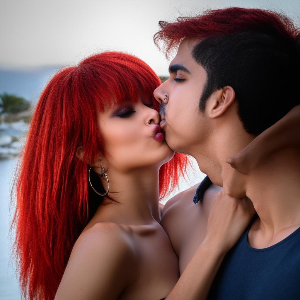 A Latin girl with fringe and striking red hair in a passionate kiss with a young Latino man.