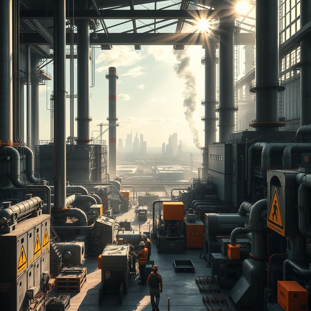 A stunning industrial scene depicting a sprawling factory complex with towering smokestacks, intricate pipes, and large machinery
