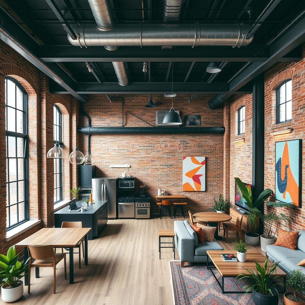 A modern industrial-style apartment studio featuring an open layout