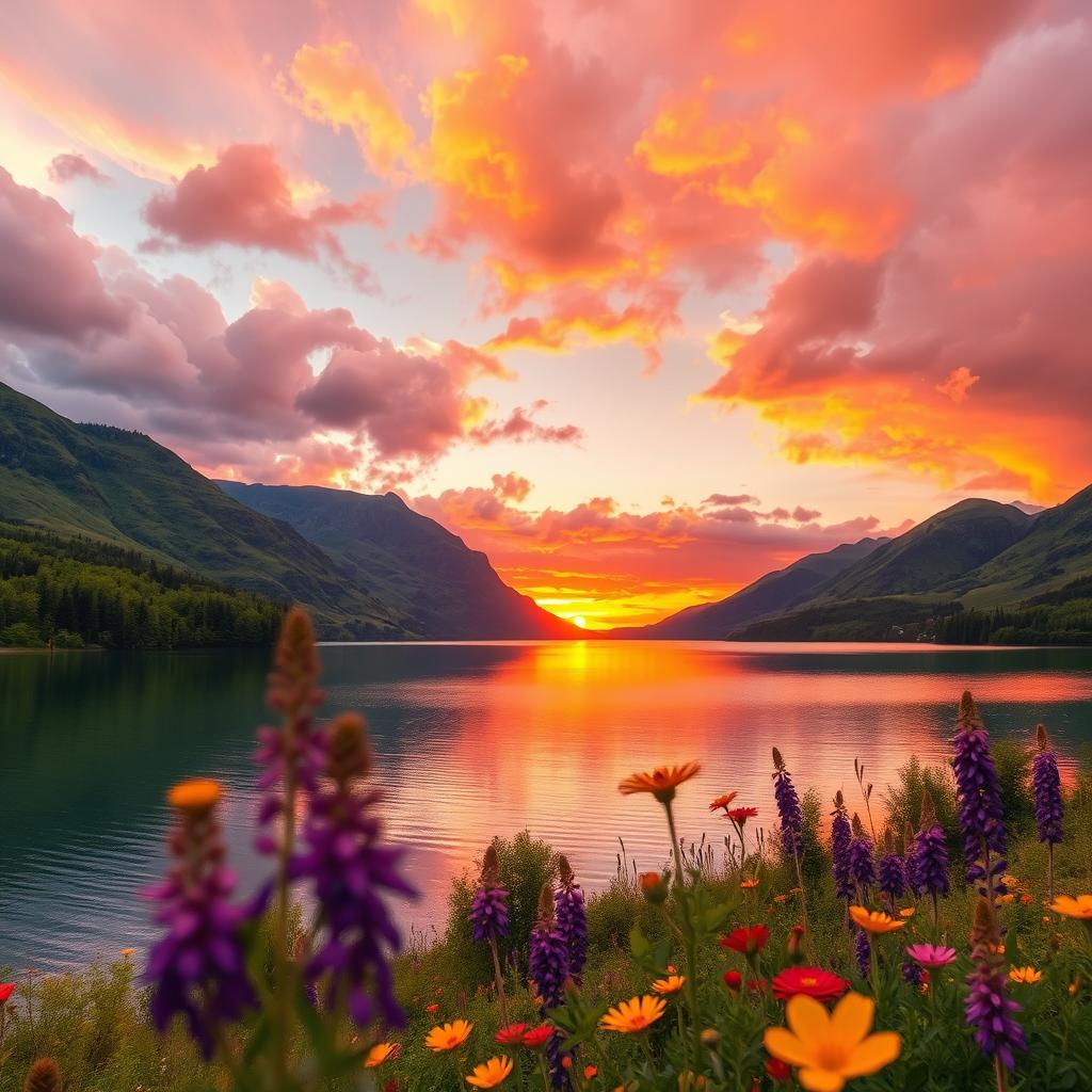 A high-definition landscape featuring a vibrant sunset over a tranquil lake, surrounded by lush greenery and majestic mountains in the background