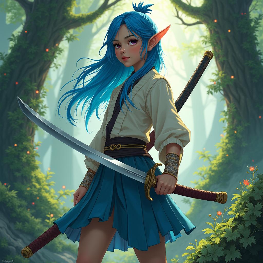 An imaginative depiction of a young female half-elf espadachim, approximately twelve years old, featuring vibrant blue hair