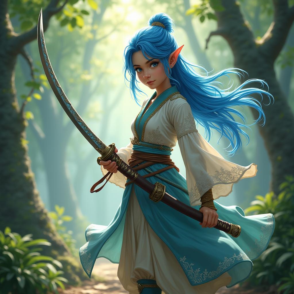 A young female half-elf, around twelve years old, with vibrant blue hair styled intricately, showcasing her elven heritage as an espadachim