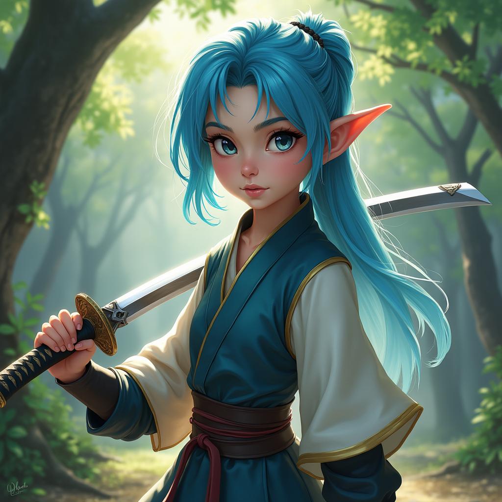 A young female half-elf, around twelve years old, showcasing her skills as an espadachim with fantasy elements